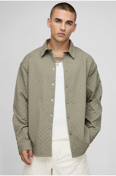 Oversized Pintuck Curved Hem Long Sleeve Shirt - khaki