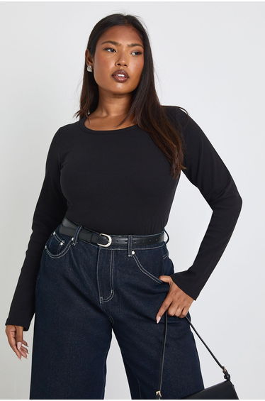 Plus Basic Rib Scoop Neck Longline Fitted Long Sleeve Top - black