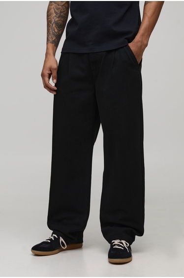 Relaxed Fit Half & Half Waistband Washed Twill Trouser - black