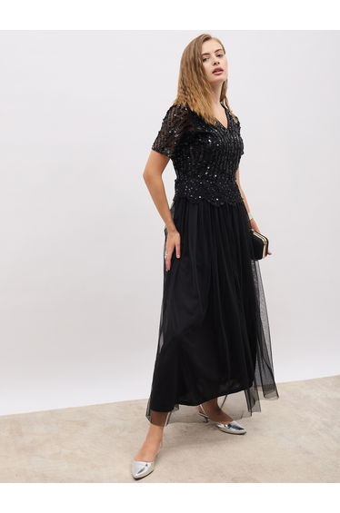 Sequin Embellished Short Sleeves A-Line Maxi Dress