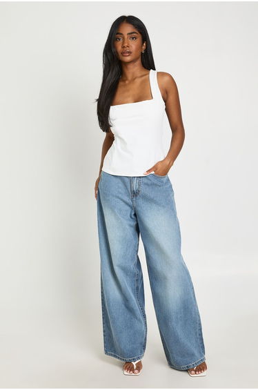 Fitted Square Neck Cinched Strappy Top - ivory