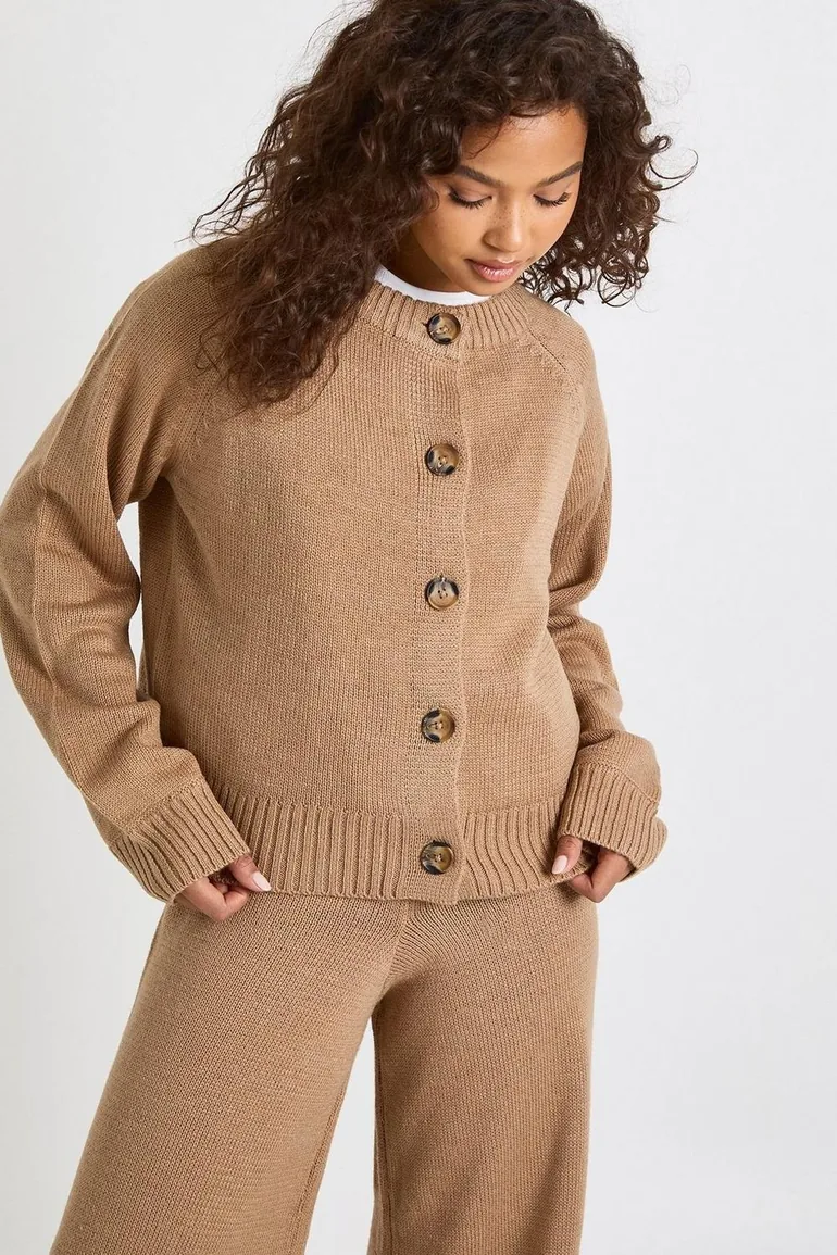 Crew Neck Knitted Chunky Cardigan and Wide Leg Trouser Co-Ord - taupe - 3