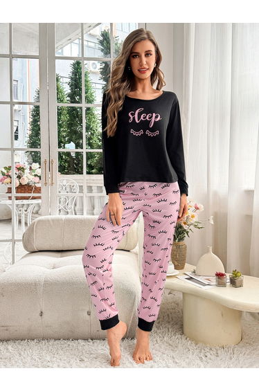 Black Sleep Graphic Print T-Shirt and Pyjama Set