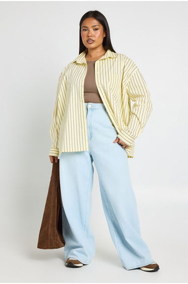 Plus Stripe Cotton Oversized Shirt - lemon