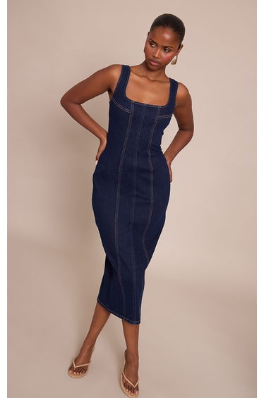 Indigo Bodycon Seam Detail Denim Maxi Dress