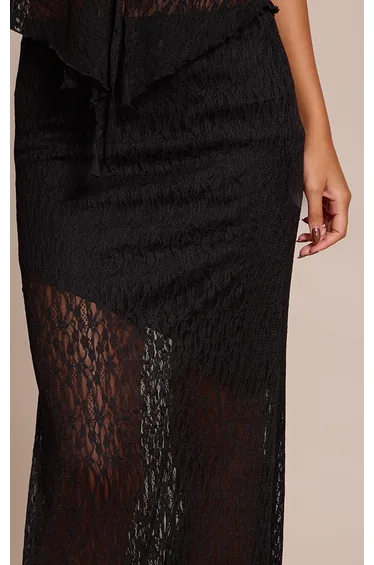 Black Lace Asymmetric Maxi Skirt