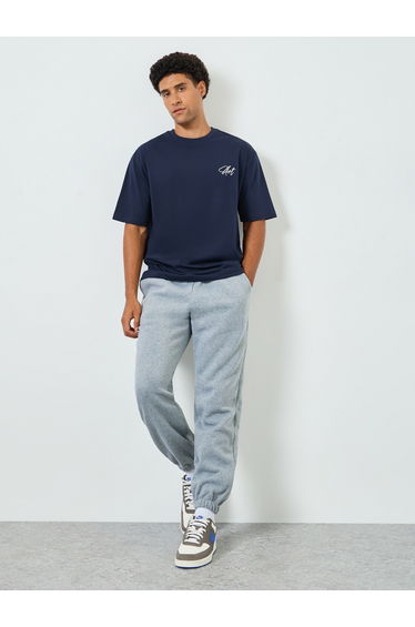 Men Navy Blue Oversized Embroidered T-Shirt