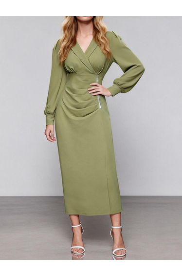 Green Fold Pleat Maxi Dress with Long Sleeves