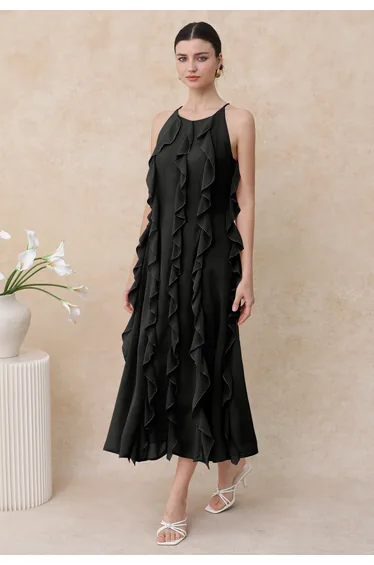 فستان شيك ويش شيفون أسود ميداكسي بقصة مستقيمة بياقة هالتر