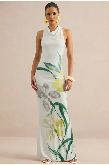 Wilber | Lemon Floral Print High-Neck Maxi Dress