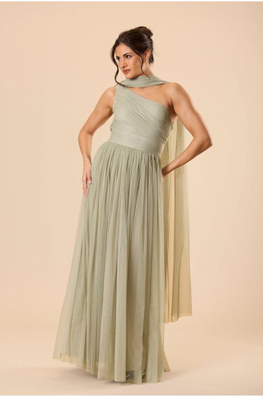 One Shoulder Tulle Maxi Dress in Dusty Sage with Scarf