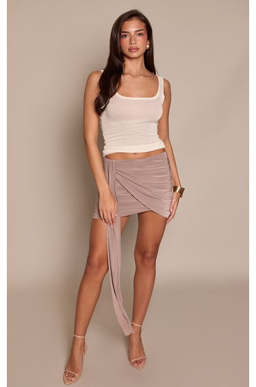Taupe Drapey Detail Double Layered Slinky MIni Skirt