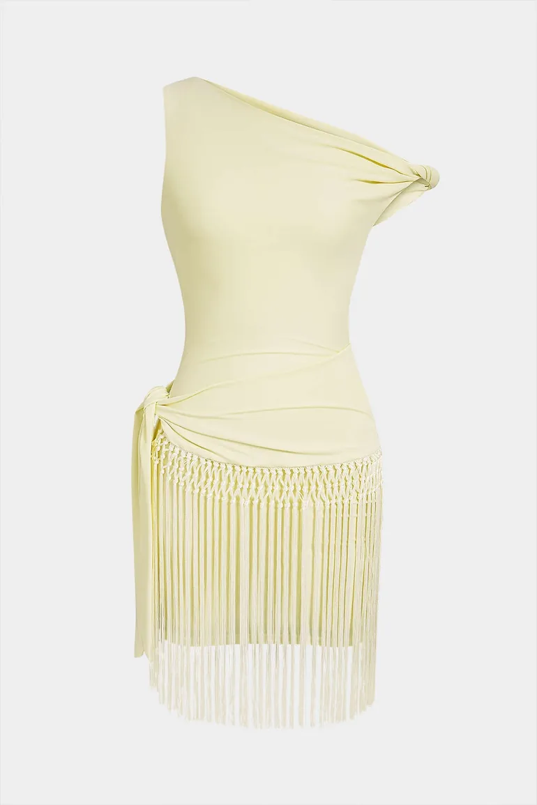One Shoulder Twist Knot Fringe Sleeveless Mini Dress - 3