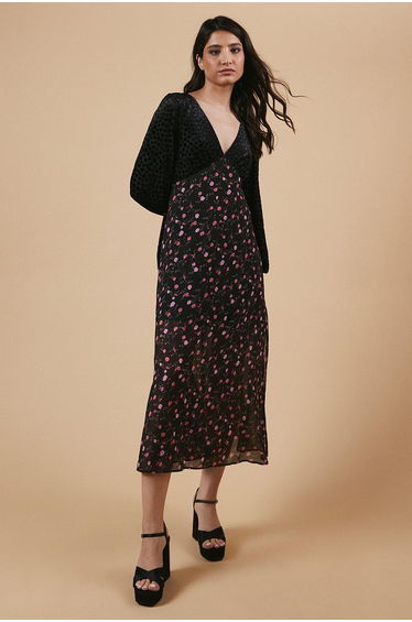 Occasion Floral Spot Bodice Midi Dress