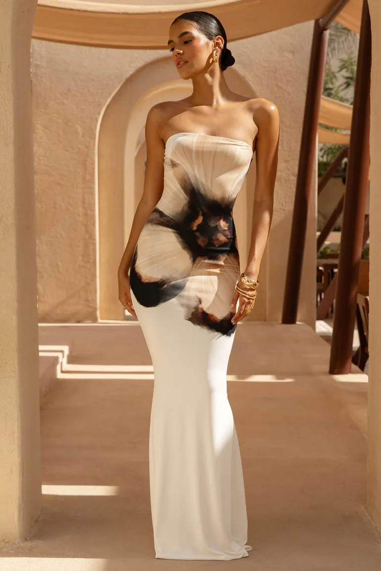 Ceremony | Cream And Black Floral Print Bandeau Maxi Dress - 2