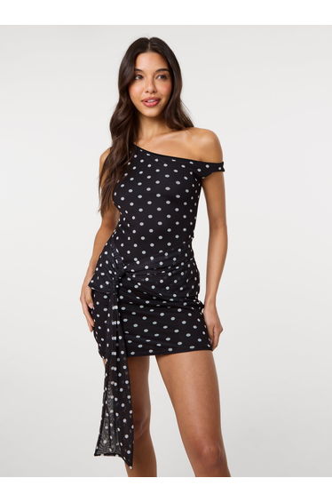 Polka Dot Tie Side Mesh Bodycon Dress