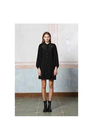 Cotton Openwork Mini Dress with High Neck and Long Sleeves