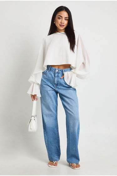 Chiffon Tie Cuff Cape Top - ecru