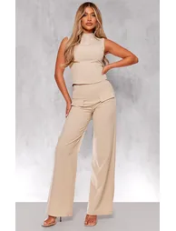 Stone Woven Tailored Wide Leg Pocket Detail Trouser