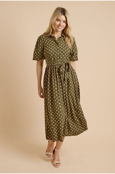 Green Spot Belted Puff Sleeve Shirt Dress