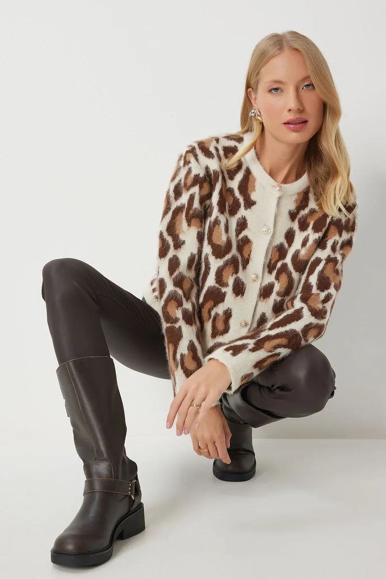 Women's Cream Brown Leopard Patterned Short Bearded Cardigan