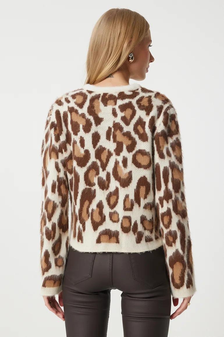 Women's Cream Brown Leopard Patterned Short Bearded Cardigan - 5
