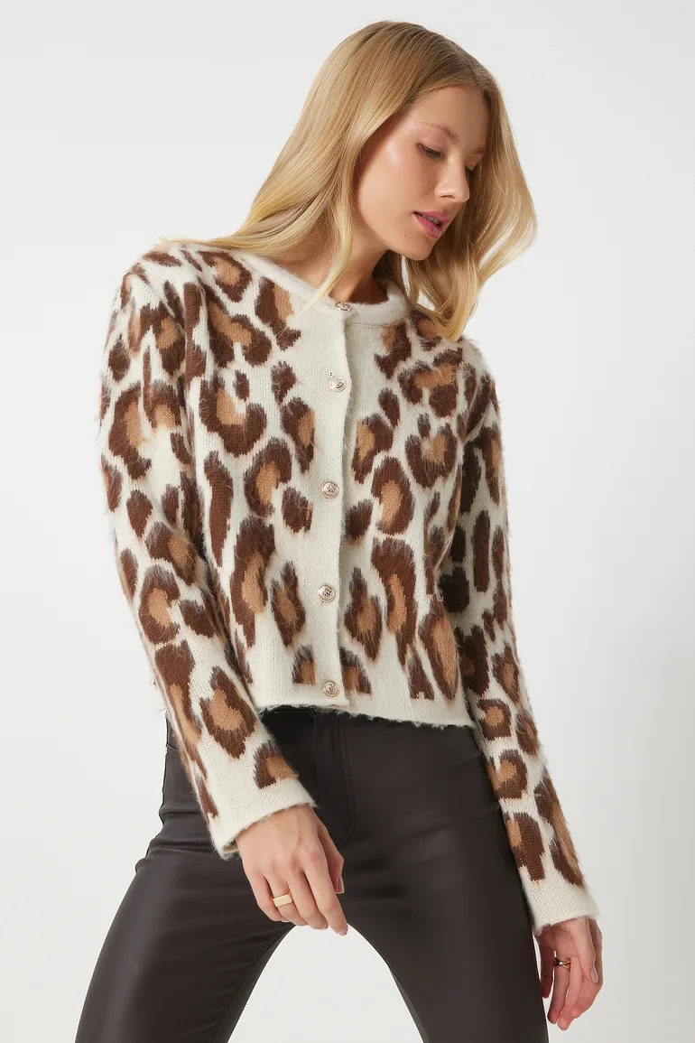 Women's Cream Brown Leopard Patterned Short Bearded Cardigan - 2