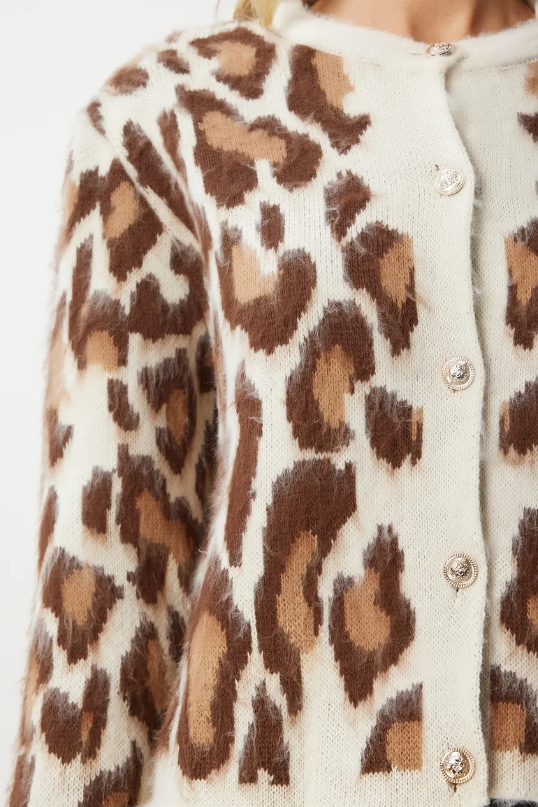 Women's Cream Brown Leopard Patterned Short Bearded Cardigan - 4