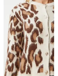 Women's Cream Brown Leopard Patterned Short Bearded Cardigan - 4