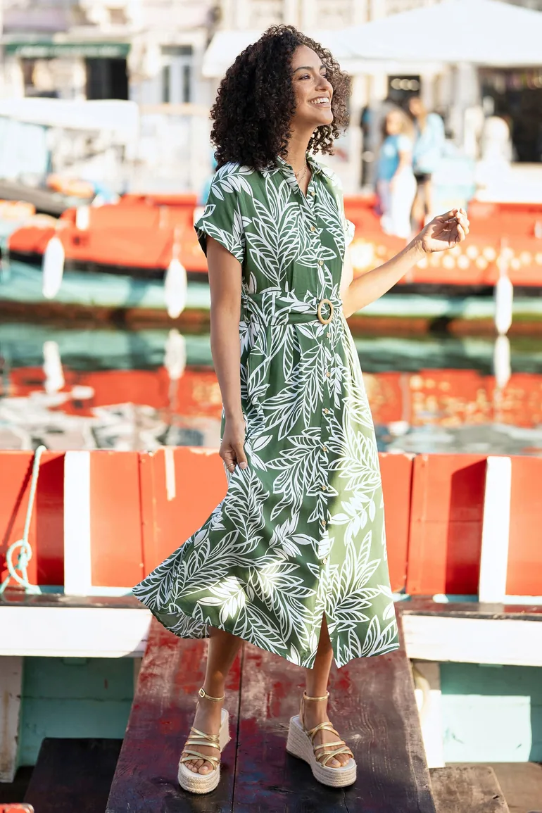 Yumi Green Leaf Print Viscose Relaxed Midi Shirt Dress - 2