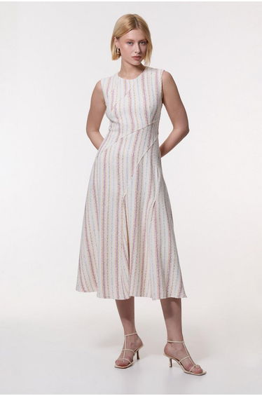 Premium Woven Stripe Tailored A-Line Midi Dress
