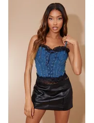 Mid Blue Wash Lace Trim Denim Corset Top