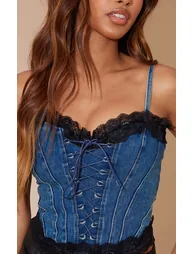 Mid Blue Wash Lace Trim Denim Corset Top - 3