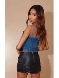 Mid Blue Wash Lace Trim Denim Corset Top - 1
