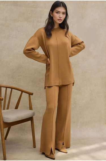 Long Sweater & High Waist Wide Leg Knit Co-Ord Set