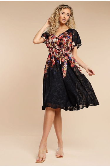 Goddiva Floral Flutter Sleeve Wrap Midi Dress