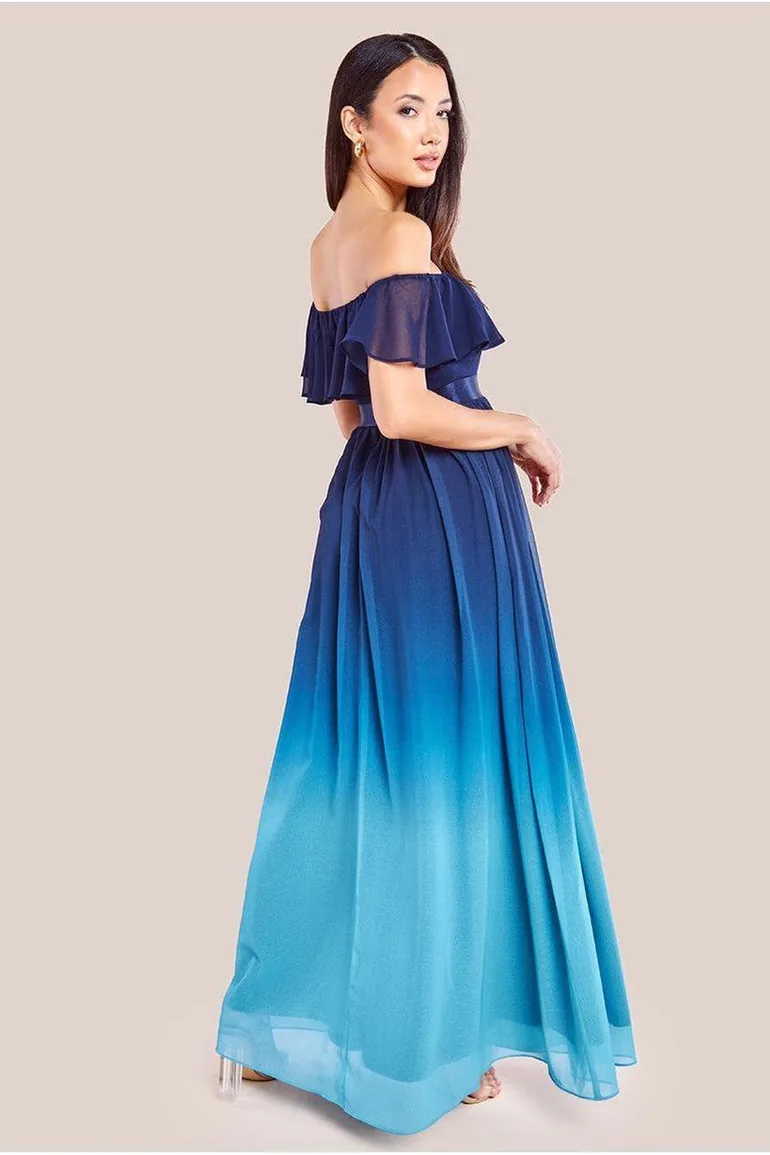 Goddiva Ombre Chiffon Bardot Frill A-line Maxi Dress - Navy Ombre - 1