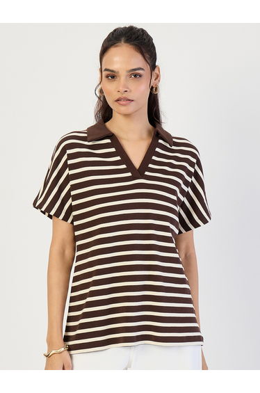 Brown Striped Knit Polo T-Shirt