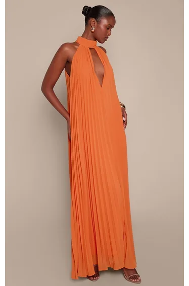 Orange Plisse High Neck Maxi Dress