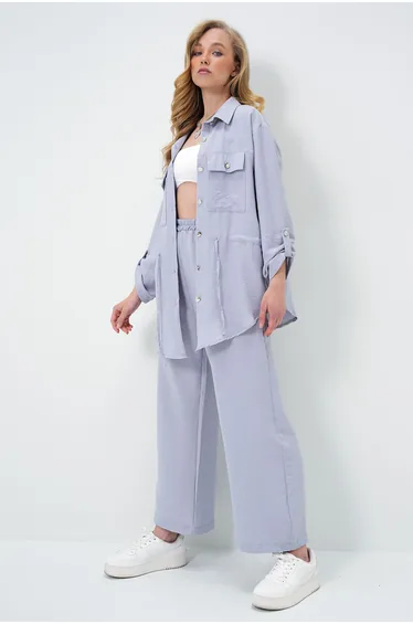 Women's Gray Double Pocket Safari Jacket and Elastic Waist Wide Leg Aerobin Trousers Suit