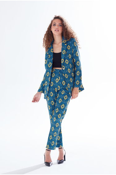 Women's Blazer in Blue, Yellow & Navy with Geometric Pattern.