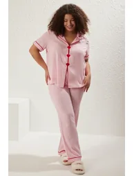 Pink Heart Piping Viscose Woven Pajama Set