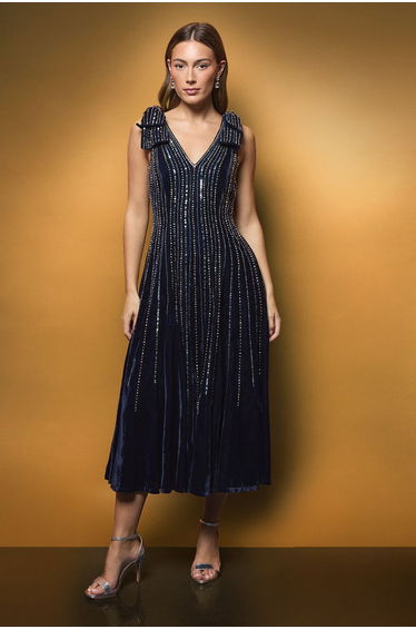 Velvet Bow Embellished Midi Dress