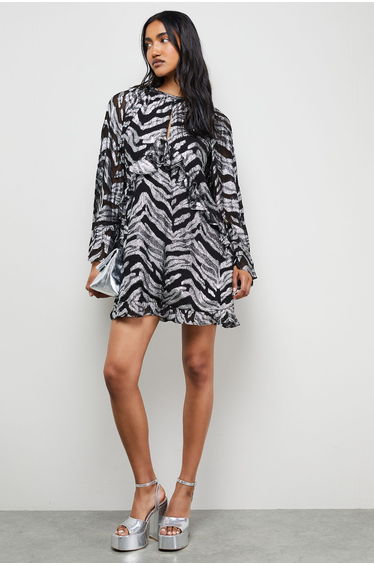 Flippy Hem Volume Sleeve Viscose Zebra Jacquard Dress
