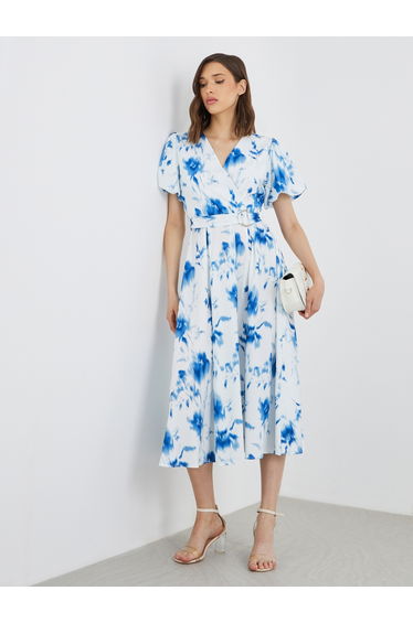 Puff Sleeves Floral Print V-Neck Belted Midi Dress