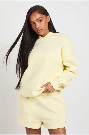Neck Detail Sweatshirt Short Tracksuit - lemon