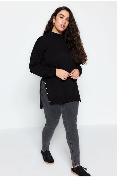 Black Button Detailed Turtleneck Knitwear Sweater