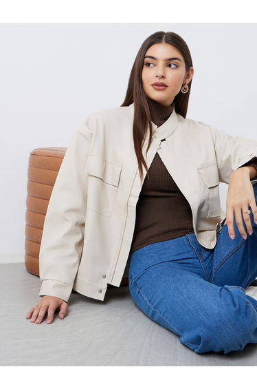 Off White Regular Fit Faux Leather Bomber Jacket