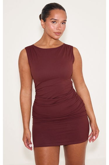 Shape Chocolate Built In Bra Sculpt Boat Neck Ruched Side Mini Dress
