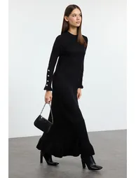Black Frilled Rib Knit Dress - 1